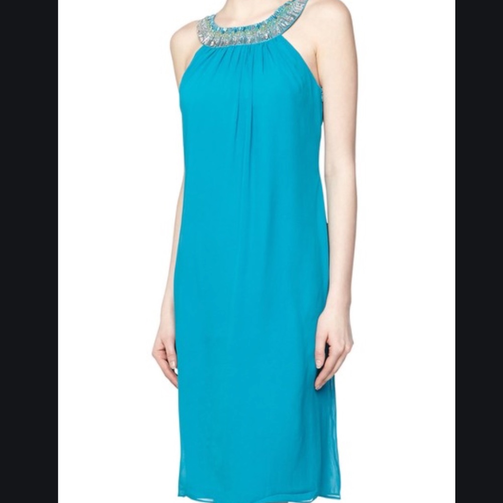 Trina Turk Jeweled TEAL Silk Georgette Dress EUC